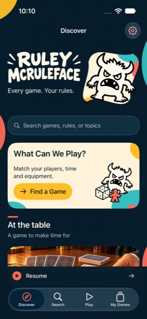 The Ruley Discover screen, including search, the game finder and saved-session resume.
