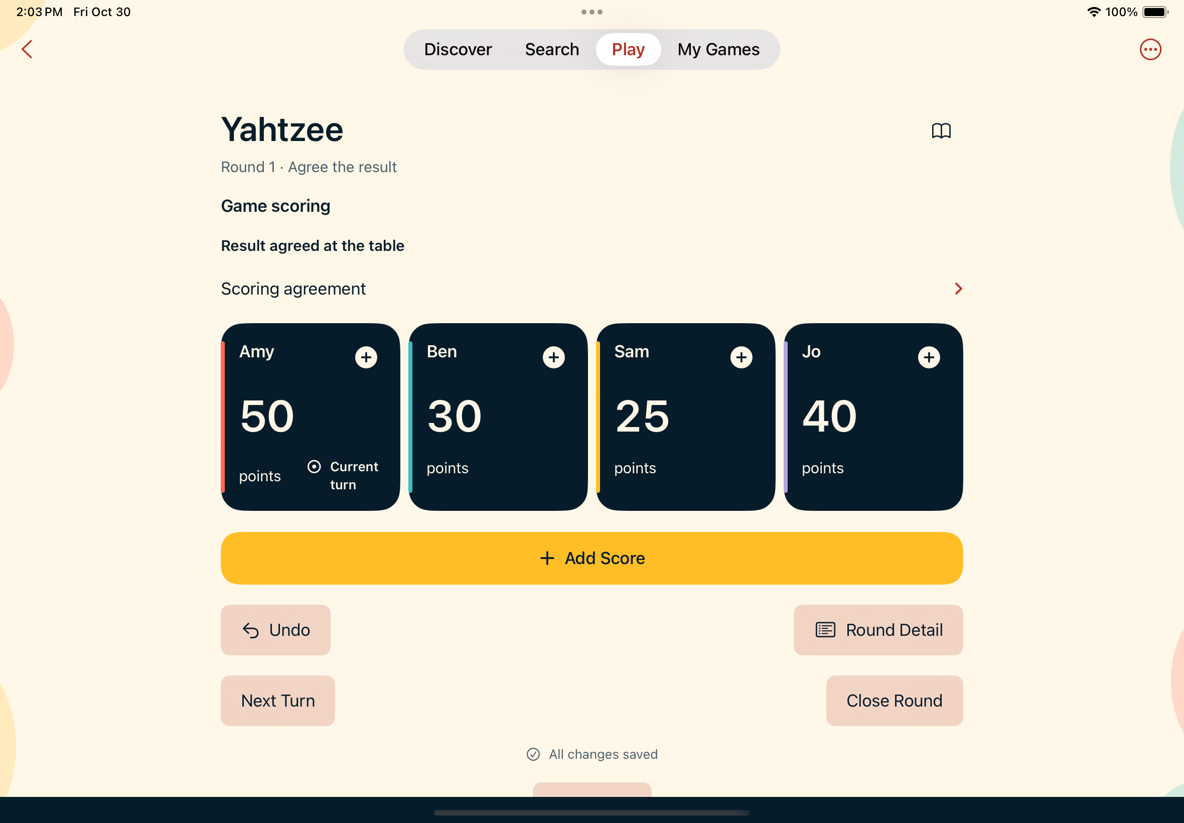 Yahtzee scorekeeping on iPad with four sample players, recorded scores and controls for adding scores, turns and rounds.