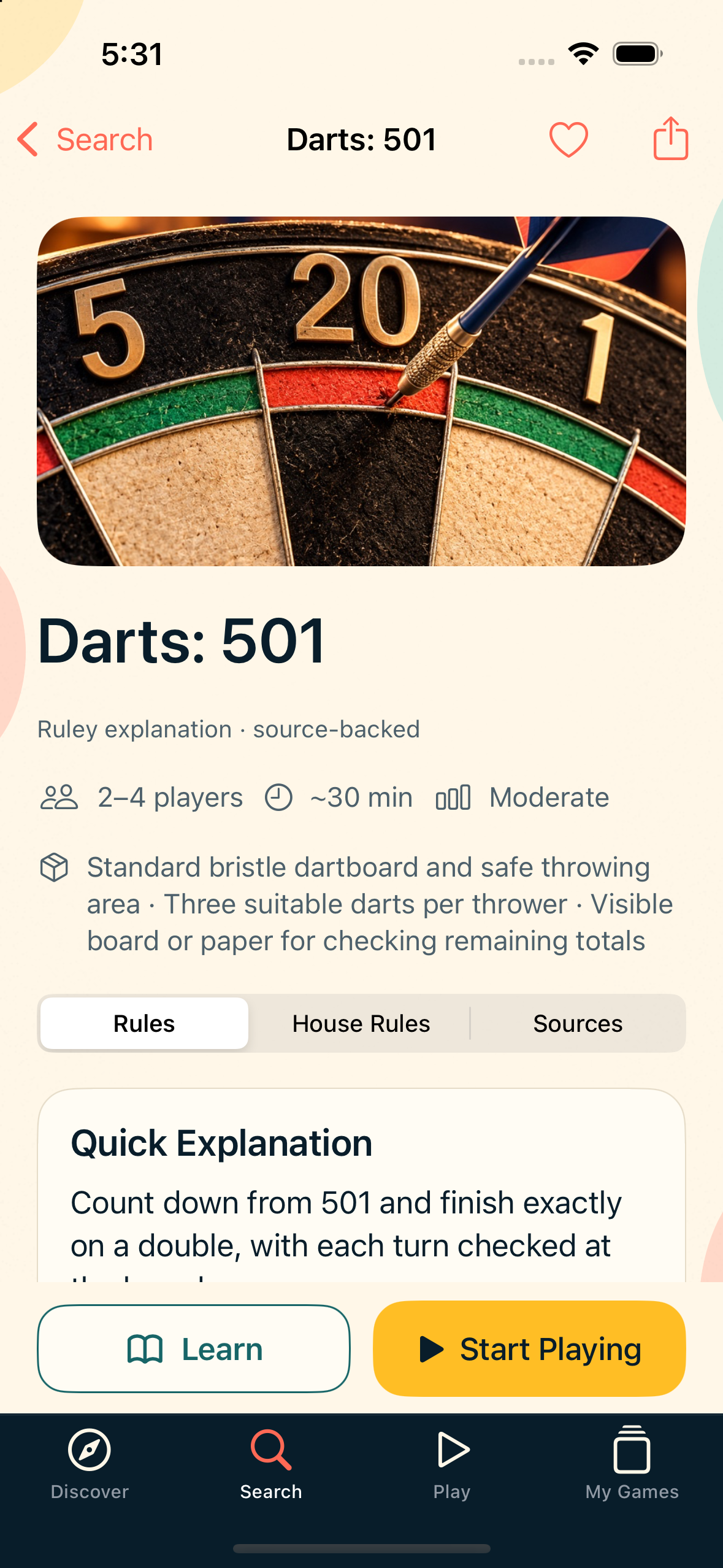 Darts: 501 in Ruley, showing dartboard artwork, player and equipment details, rules, and controls to learn the game or start playing.