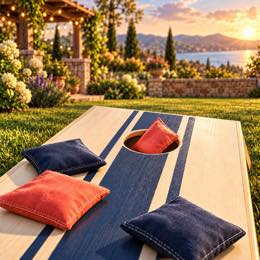 A cornhole board and bags outdoors.