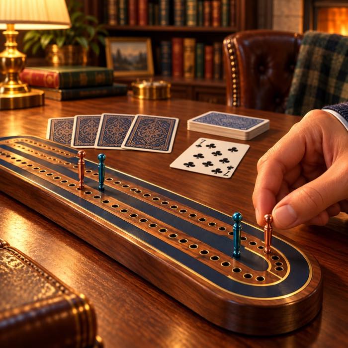 A cribbage board and playing cards on a wooden table.